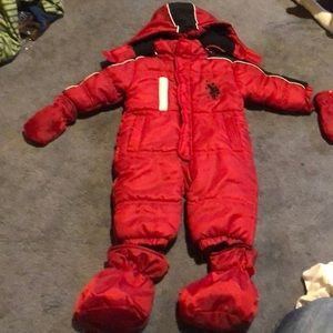 U.S. Pollo Assn. red snow suit 12 months. Mittens